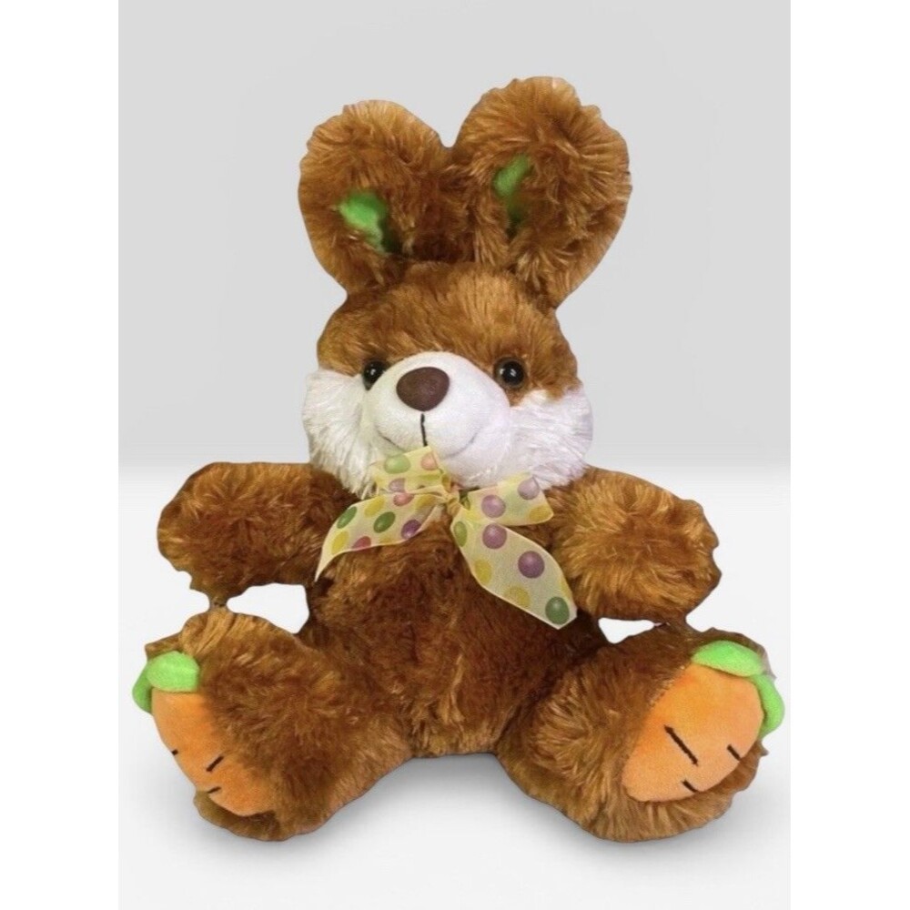 Calplush Easter Bunny Rabbit Plush Brown 10” Carrot Feet Polka Dot Bow 2018
